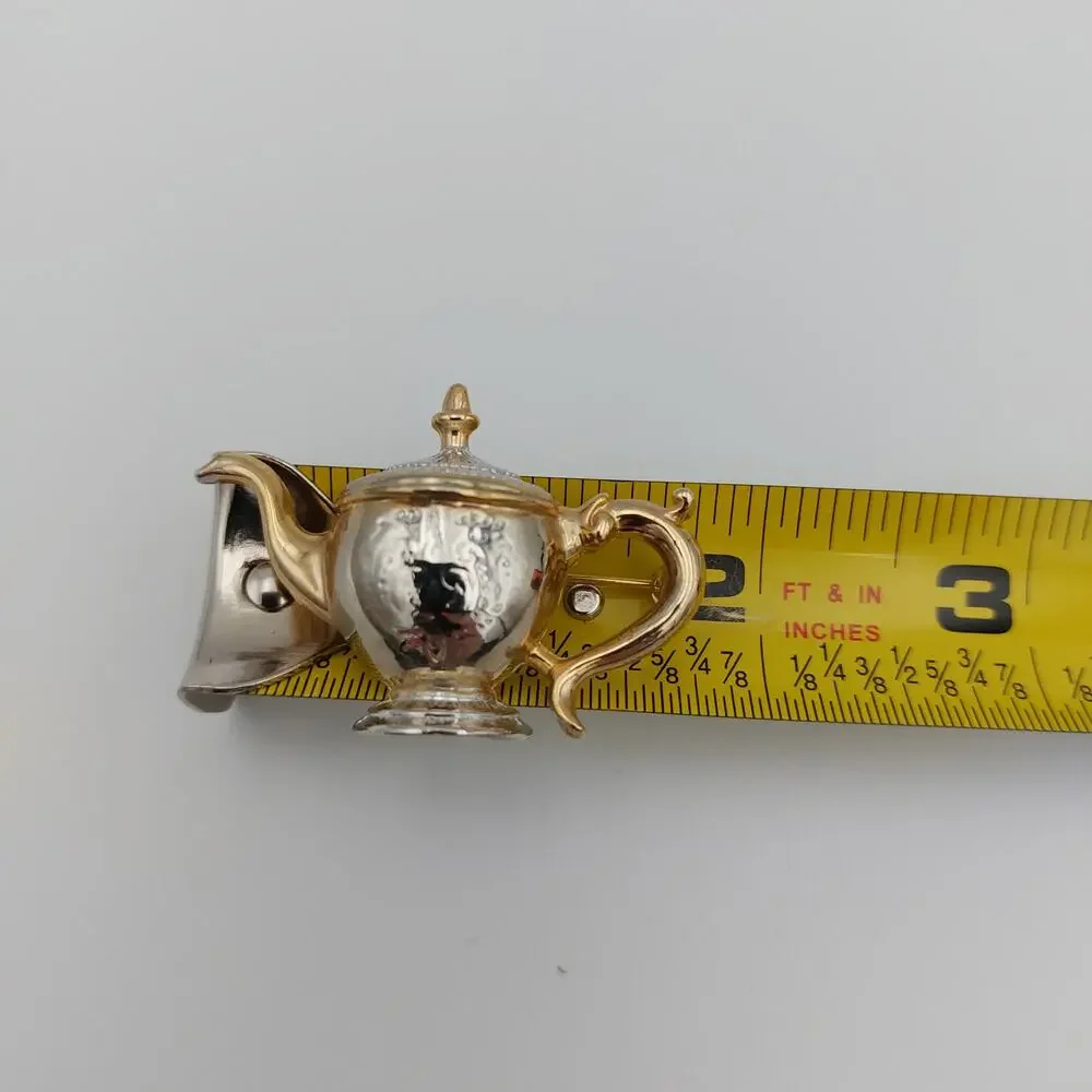 Vintage Teapot Brooch Mixed Metal Gold Silver Tone Etched Tea Pot Pin
